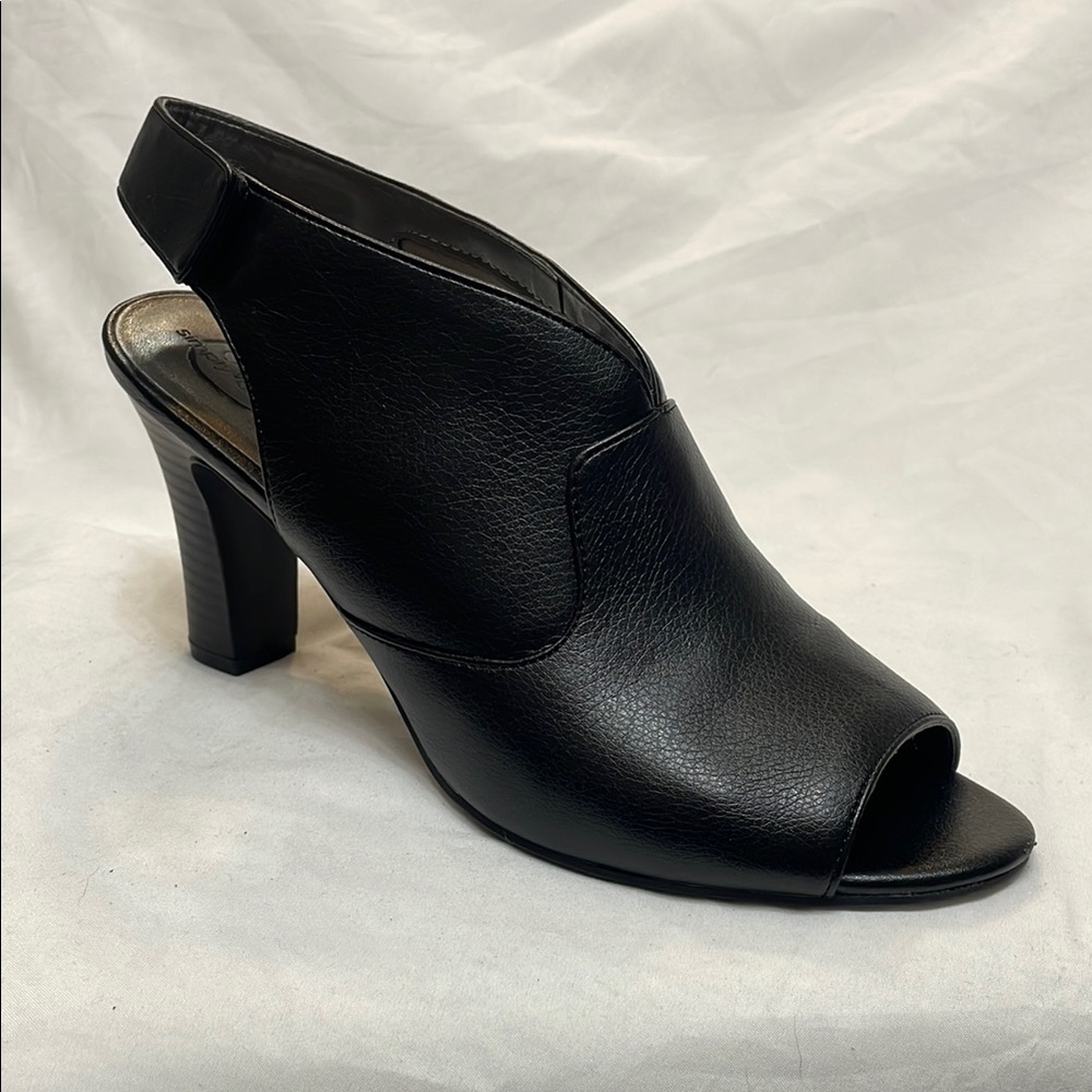 Sexy Life Stride Peep Toe Ciara Black Leather & Gold Peep-Toe Heels Booties, 9.5